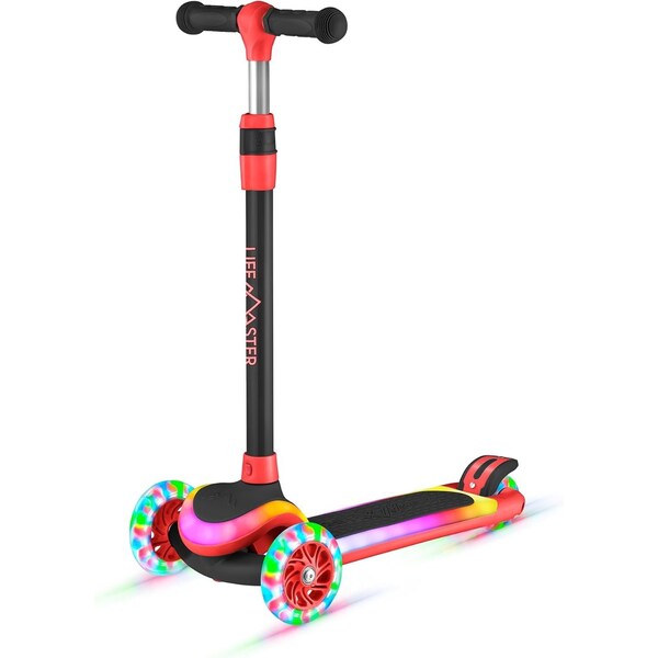 Lifemaster 3-Wheel Kids Scooter, LED Deck and Wheels, 5-Height Adjustable Handlebar, Red - LMLUSB24