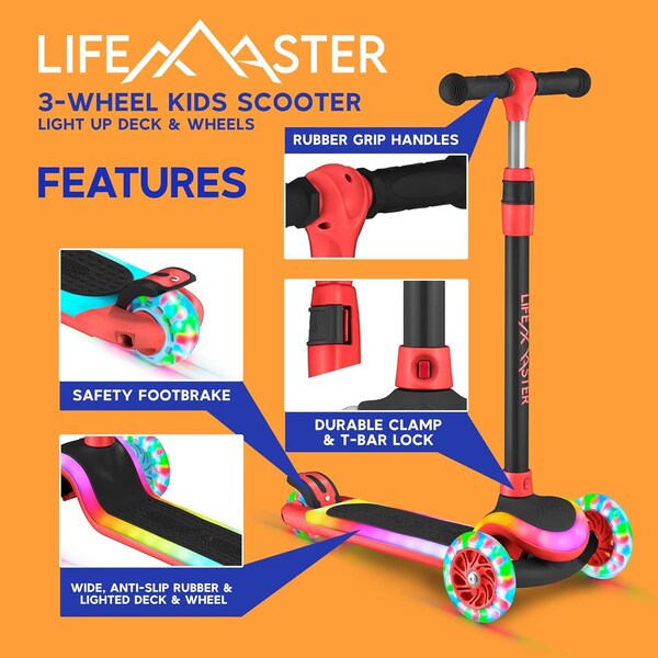Lifemaster 3-Wheel Kids Scooter, LED Deck and Wheels, 5-Height Adjustable Handlebar, Red - LMLUSB24