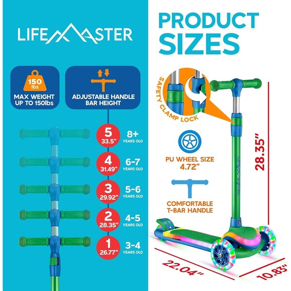 Lifemaster 3-Wheel Kids Scooter, LED Deck and Wheels, 5-Height Handlebar, Ages 3+, Green Blue - LMLUSW59