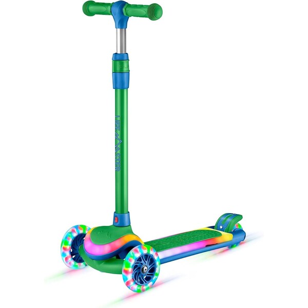 Lifemaster 3-Wheel Kids Scooter, LED Deck and Wheels, 5-Height Handlebar, Ages 3+, Green Blue - LMLUSW59