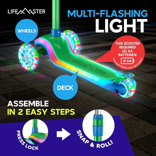 Lifemaster 3-Wheel Kids Scooter, LED Deck and Wheels, 5-Height Handlebar, Ages 3+, Green Blue - LMLUSW59