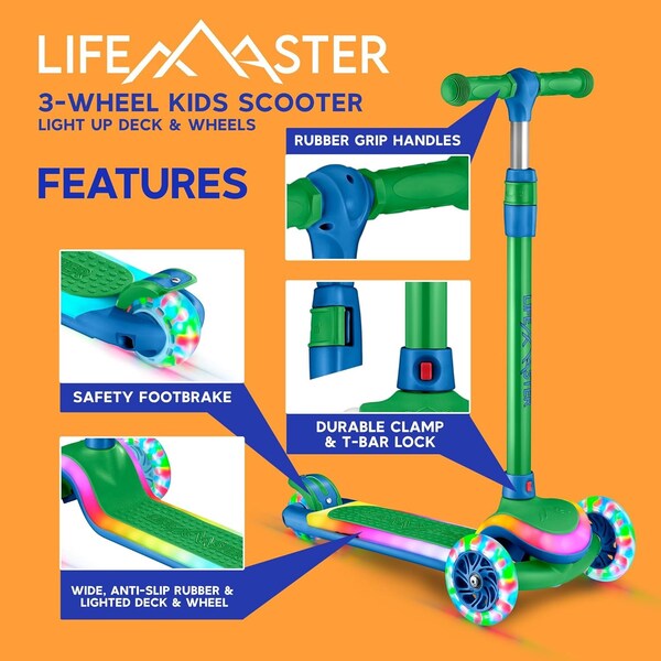Lifemaster 3-Wheel Kids Scooter, LED Deck and Wheels, 5-Height Handlebar, Ages 3+, Green Blue - LMLUSW59