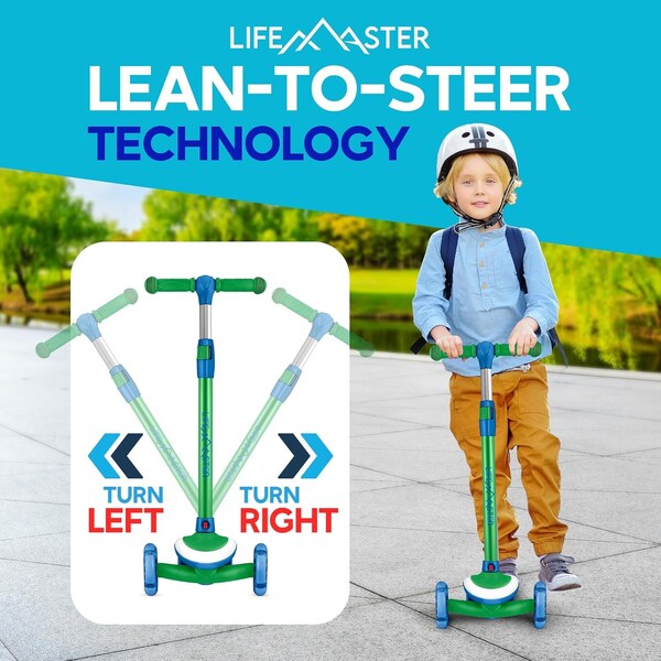 Lifemaster 3-Wheel Kids Scooter, LED Deck and Wheels, 5-Height Handlebar, Ages 3+, Green Blue - LMLUSW59