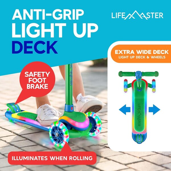 Lifemaster 3-Wheel Kids Scooter, LED Deck and Wheels, 5-Height Handlebar, Ages 3+, Green Blue - LMLUSW59