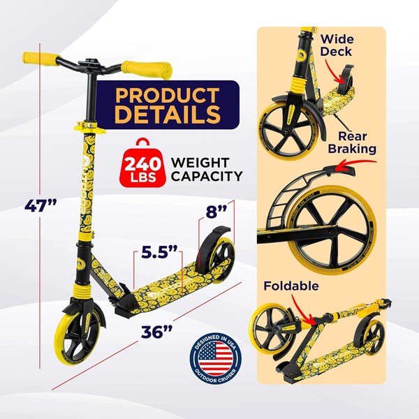 Outdoorcruiser Outdoor Cruiser Kick Scooter, Ages 6+, 240 LBS Max, Foldable, 8in. Wheels, Suspension, Yellow - OCTENS304
