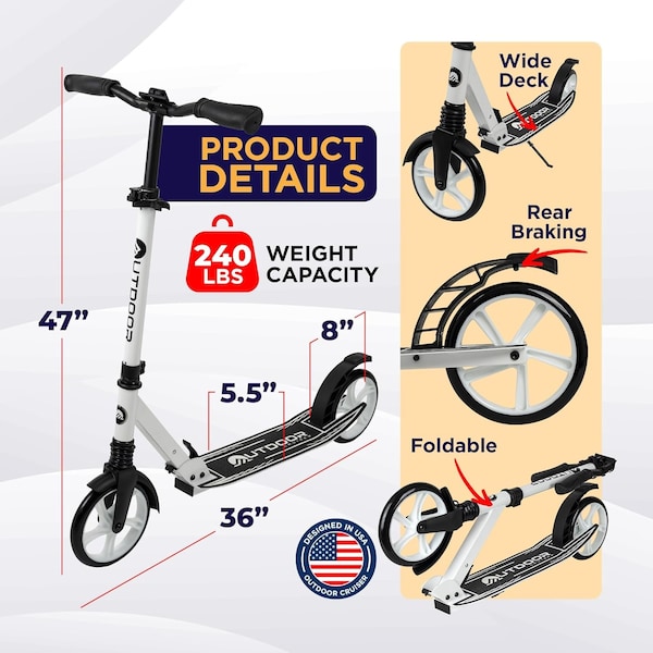 Outdoorcruiser Outdoor Cruiser Kick Scooter, Ages 6+, 240 LBS Max, Foldable, 8in. Wheels, Suspension, White - OCTENS951