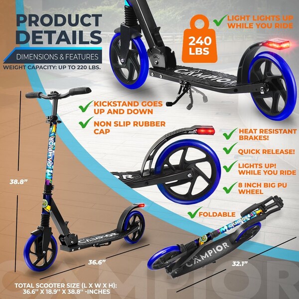 Campior Kick Scooter for Ages 6+, for Kids, Teens, and Adults, Max Load 240 LBS, Foldable, 8-inch Big Tree - CAMTE025