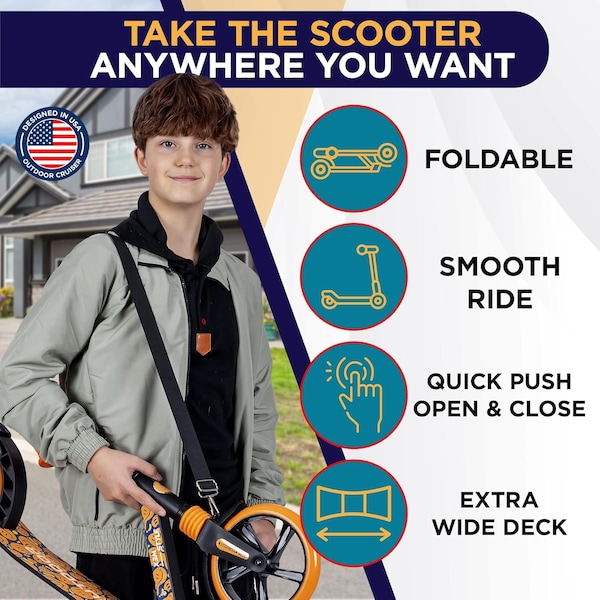 Outdoorcruiser Outdoor Cruiser Kick Scooter, Ages 6+, 240 LBS Max, Foldable, 8in. Wheels, Suspension, Orange - OCTENS840