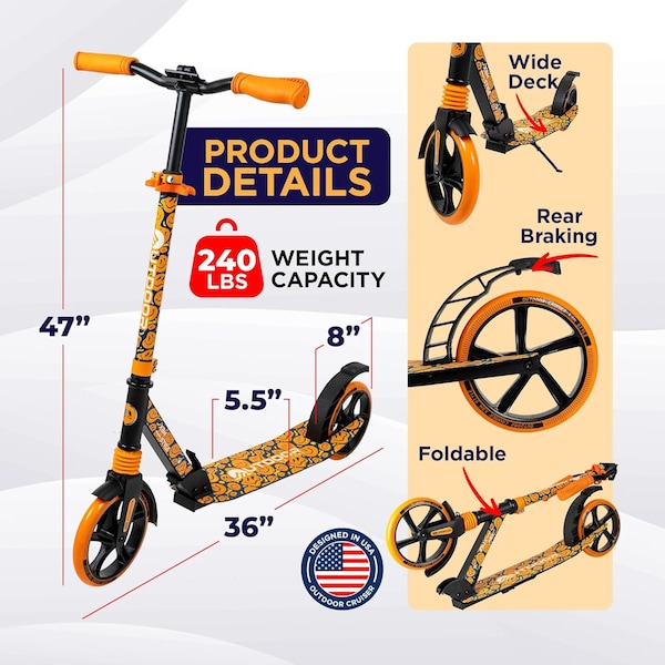 Outdoorcruiser Outdoor Cruiser Kick Scooter, Ages 6+, 240 LBS Max, Foldable, 8in. Wheels, Suspension, Orange - OCTENS840