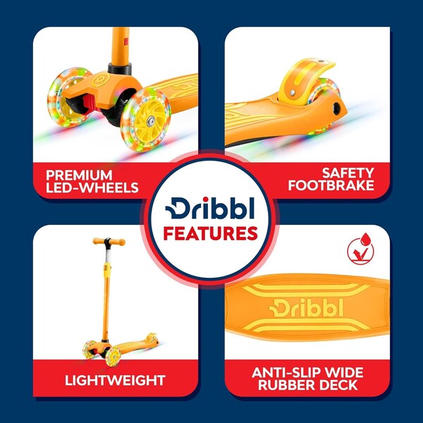 Dribbl 3-Wheel Kids Scooter, Lean-to-Steer, Adjustable Handlebar, Anti-Slip Deck, Orange - DBKS12