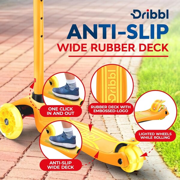 Dribbl 3-Wheel Kids Scooter, Lean-to-Steer, Adjustable Handlebar, Anti-Slip Deck, Orange - DBKS12