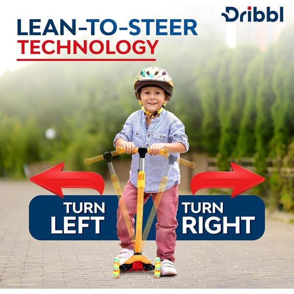Dribbl 3-Wheel Kids Scooter, Lean-to-Steer, Adjustable Handlebar, Anti-Slip Deck, Orange - DBKS12