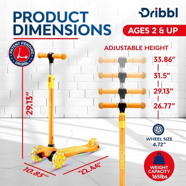 Dribbl 3-Wheel Kids Scooter, Lean-to-Steer, Adjustable Handlebar, Anti-Slip Deck, Orange - DBKS12