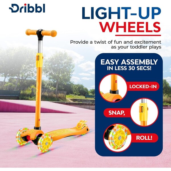 Dribbl 3-Wheel Kids Scooter, Lean-to-Steer, Adjustable Handlebar, Anti-Slip Deck, Orange - DBKS12