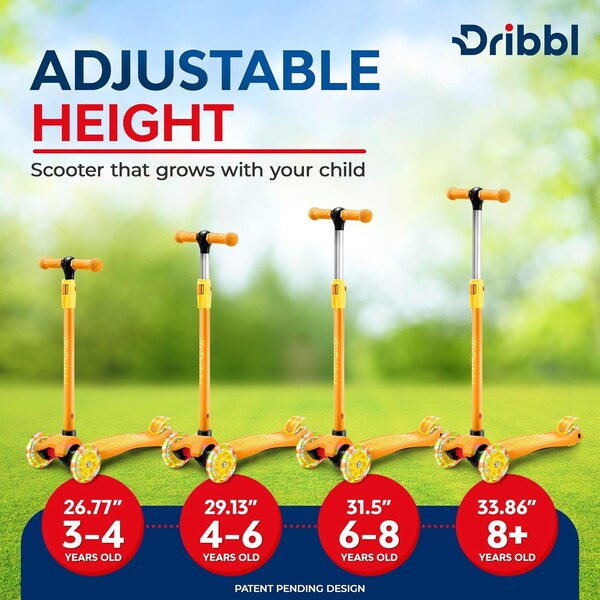 Dribbl 3-Wheel Kids Scooter, Lean-to-Steer, Adjustable Handlebar, Anti-Slip Deck, Orange - DBKS12