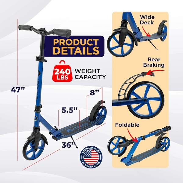 Outdoorcruiser Outdoor Cruiser Kick Scooter, Ages 6+, 250 LBS Max, Foldable, 8in. Wheels, Suspension, Blue - OCTENS486