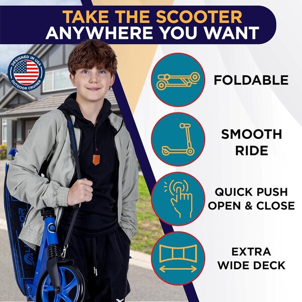 Outdoorcruiser Outdoor Cruiser Kick Scooter, Ages 6+, 250 LBS Max, Foldable, 8in. Wheels, Suspension, Blue - OCTENS486