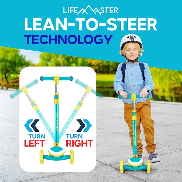 Lifemaster 3-Wheel Kids Scooter, LED Deck and Wheels, 5-Height Handlebar, Ages 3+, Aqua Yellow - LMLUSH34