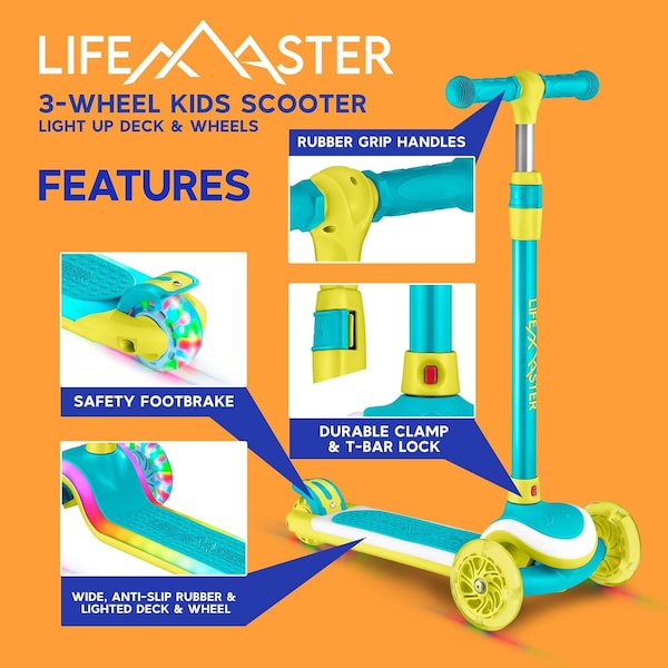 Lifemaster 3-Wheel Kids Scooter, LED Deck and Wheels, 5-Height Handlebar, Ages 3+, Aqua Yellow - LMLUSH34