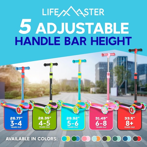 Lifemaster 3-Wheel Kids Scooter, LED Deck and Wheels, 5-Height Handlebar, Ages 3+, Aqua Yellow - LMLUSH34