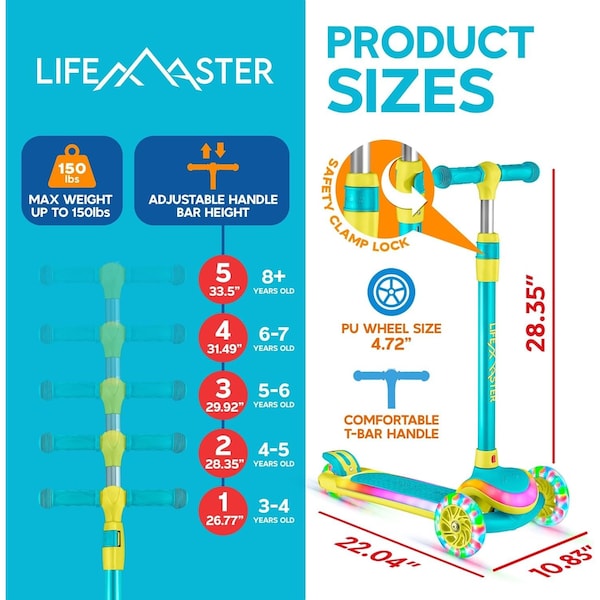 Lifemaster 3-Wheel Kids Scooter, LED Deck and Wheels, 5-Height Handlebar, Ages 3+, Aqua Yellow - LMLUSH34