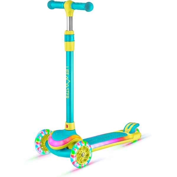 Lifemaster 3-Wheel Kids Scooter, LED Deck and Wheels, 5-Height Handlebar, Ages 3+, Aqua Yellow - LMLUSH34