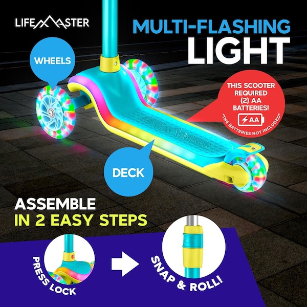 Lifemaster 3-Wheel Kids Scooter, LED Deck and Wheels, 5-Height Handlebar, Ages 3+, Aqua Yellow - LMLUSH34