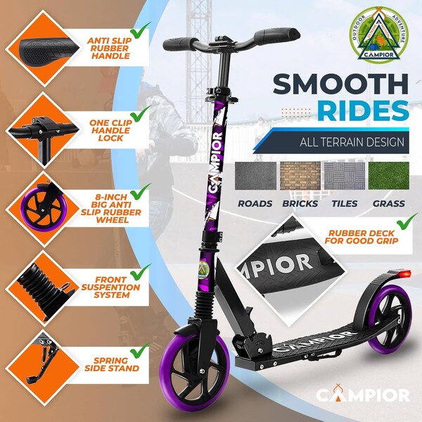 Campior Kick Scooter for Ages 6+, for Kids, Teens, and Adults, Max Load 240 LBS, Foldable, 8-inch Big Purple - CAMTE128