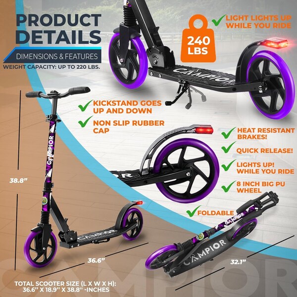 Campior Kick Scooter for Ages 6+, for Kids, Teens, and Adults, Max Load 240 LBS, Foldable, 8-inch Big Purple - CAMTE128