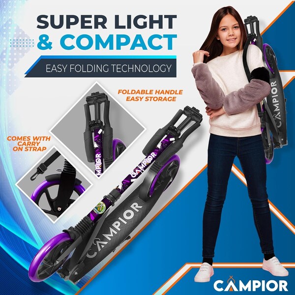 Campior Kick Scooter for Ages 6+, for Kids, Teens, and Adults, Max Load 240 LBS, Foldable, 8-inch Big Purple - CAMTE128