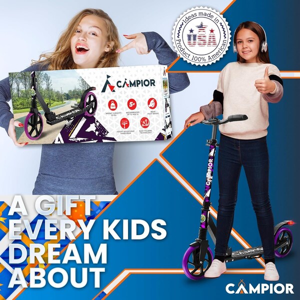 Campior Kick Scooter for Ages 6+, for Kids, Teens, and Adults, Max Load 240 LBS, Foldable, 8-inch Big Purple - CAMTE128