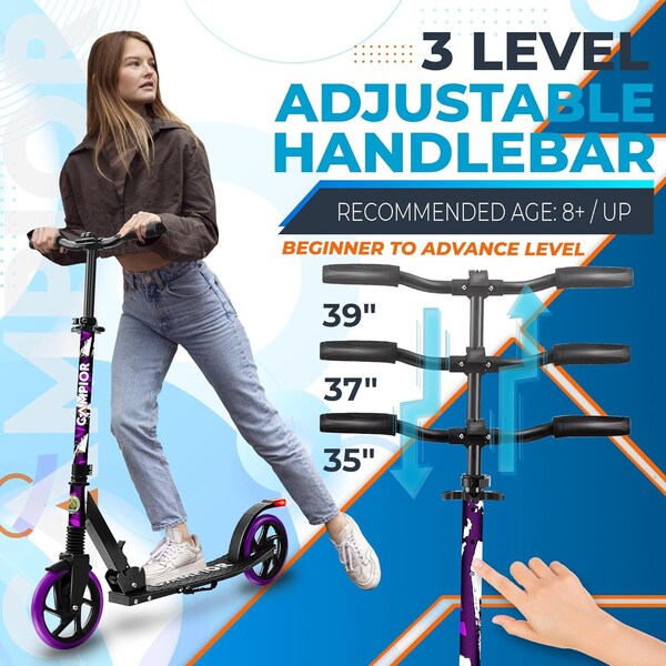 Campior Kick Scooter for Ages 6+, for Kids, Teens, and Adults, Max Load 240 LBS, Foldable, 8-inch Big Purple - CAMTE128