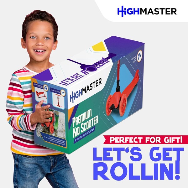 Highmaster Kids 3-Wheel Kick Scooter with LED Light-Up Wheels, Adjustable Handlebar, Indoor and Outdoor Fun - HMKSRED