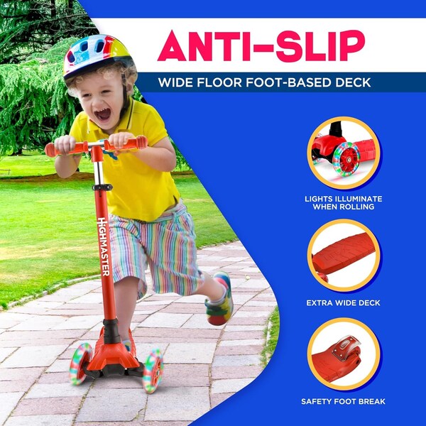 Highmaster Kids 3-Wheel Kick Scooter with LED Light-Up Wheels, Adjustable Handlebar, Indoor and Outdoor Fun - HMKSRED