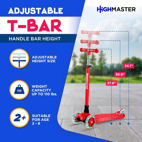 Highmaster Kids 3-Wheel Kick Scooter with LED Light-Up Wheels, Adjustable Handlebar, Indoor and Outdoor Fun - HMKSRED