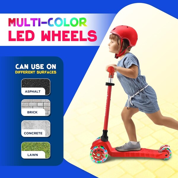 Highmaster Kids 3-Wheel Kick Scooter with LED Light-Up Wheels, Adjustable Handlebar, Indoor and Outdoor Fun - HMKSRED