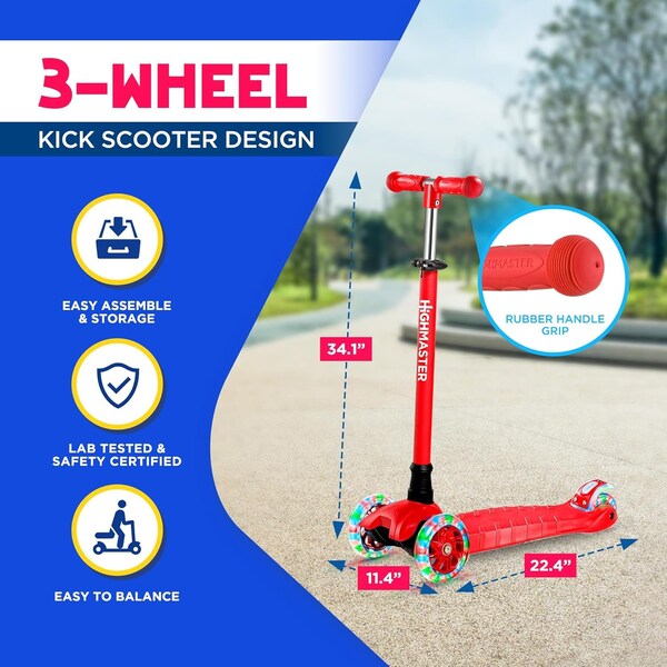 Highmaster Kids 3-Wheel Kick Scooter with LED Light-Up Wheels, Adjustable Handlebar, Indoor and Outdoor Fun - HMKSRED