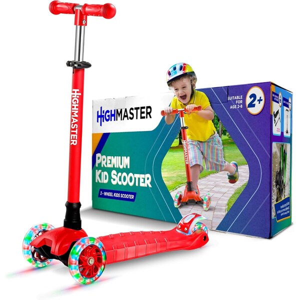 Highmaster Kids 3-Wheel Kick Scooter with LED Light-Up Wheels, Adjustable Handlebar, Indoor and Outdoor Fun - HMKSRED