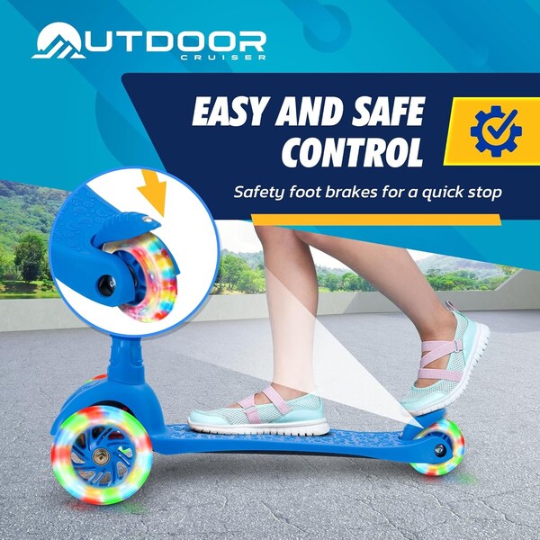Outdoorcruiser Outdoor Cruiser 3-Wheel Kids Scooter, Lean-to-Steer, LED Wheels, Adjustable T-Bar, Ages 3-8, Blue - OCKSBLUE