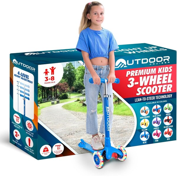 Outdoorcruiser Outdoor Cruiser 3-Wheel Kids Scooter, Lean-to-Steer, LED Wheels, Adjustable T-Bar, Ages 3-8, Blue - OCKSBLUE