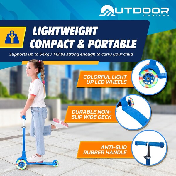 Outdoorcruiser Outdoor Cruiser 3-Wheel Kids Scooter, Lean-to-Steer, LED Wheels, Adjustable T-Bar, Ages 3-8, Blue - OCKSBLUE
