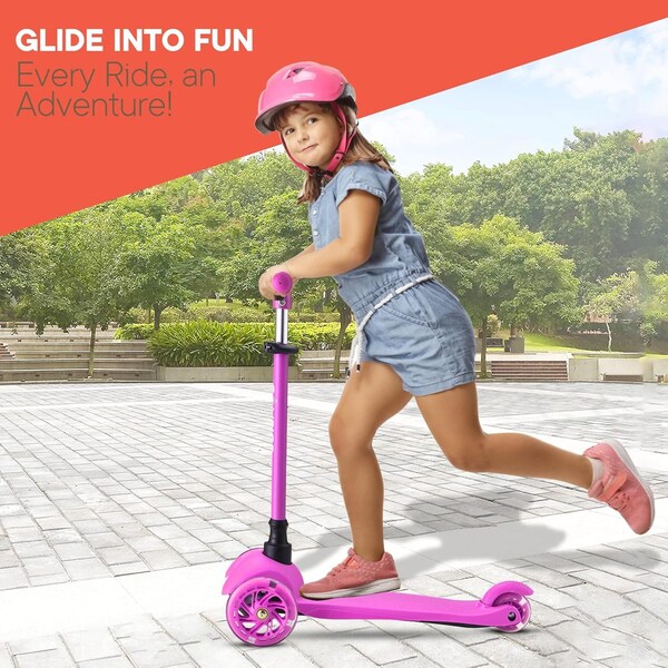 Campior Pink Mini 3-Wheel Scooter for Kids, LED Light-Up Wheels, Adjustable Handlebar, Rear Foot Brake - CAMKSPNK