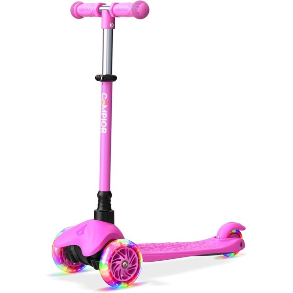 Campior Pink Mini 3-Wheel Scooter for Kids, LED Light-Up Wheels, Adjustable Handlebar, Rear Foot Brake - CAMKSPNK