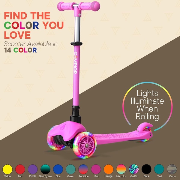 Campior Pink Mini 3-Wheel Scooter for Kids, LED Light-Up Wheels, Adjustable Handlebar, Rear Foot Brake - CAMKSPNK
