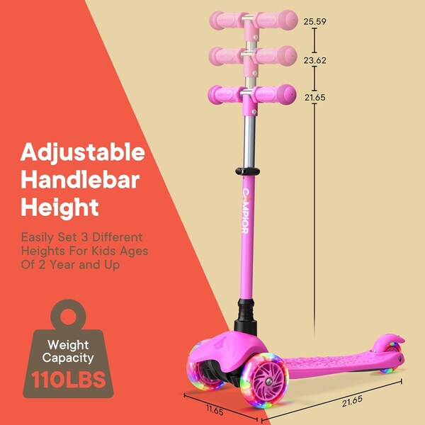 Campior Pink Mini 3-Wheel Scooter for Kids, LED Light-Up Wheels, Adjustable Handlebar, Rear Foot Brake - CAMKSPNK