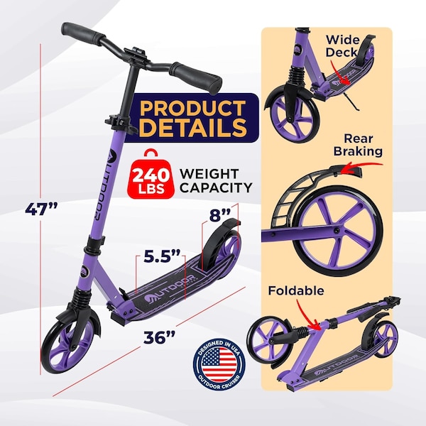 Outdoorcruiser Outdoor Cruiser Kick Scooter, Ages 6+, 240 LBS Max, Foldable, 8in. Wheels, Suspension, Purple - OCTENS917