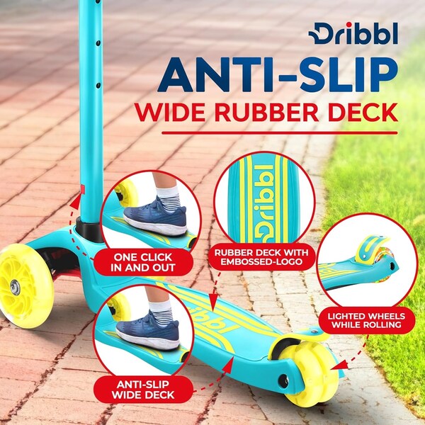 Dribbl 3-Wheel Kids Scooter, Lean-to-Steer, Adjustable Handle, Wide Deck, Aqua/Yellow, Ages 2+ - DBKS05