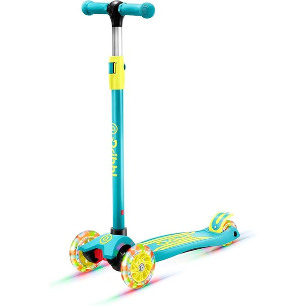 Dribbl 3-Wheel Kids Scooter, Lean-to-Steer, Adjustable Handle, Wide Deck, Aqua/Yellow, Ages 2+ - DBKS05
