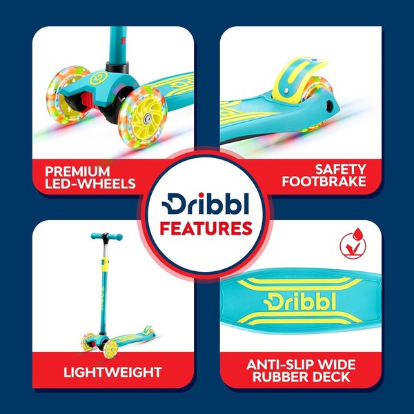 Dribbl 3-Wheel Kids Scooter, Lean-to-Steer, Adjustable Handle, Wide Deck, Aqua/Yellow, Ages 2+ - DBKS05