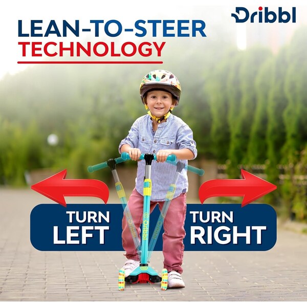 Dribbl 3-Wheel Kids Scooter, Lean-to-Steer, Adjustable Handle, Wide Deck, Aqua/Yellow, Ages 2+ - DBKS05
